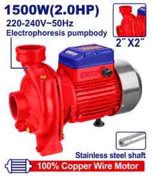 2.0HP Centrifugal Water Pump 1500W 18m Head 450L/min Flow 8m Suction 2"x2" Ports Copper Motor Stainless Impeller Plywood Case